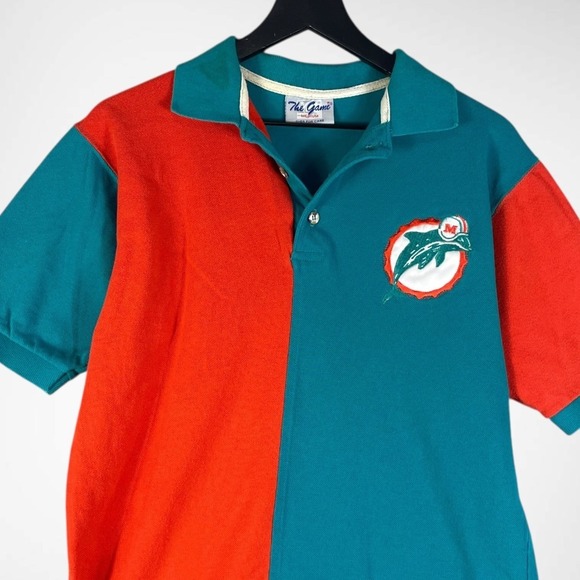 Vintage 90s The Game Miami Dolphins Split Polo Medium NFL Logo Shirt Teal Orange - Picture 2 of 15